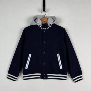Gap‎ Kids Wool Blend Varsity Baseball Jacket Navy Blue Removable Hood Size L 10